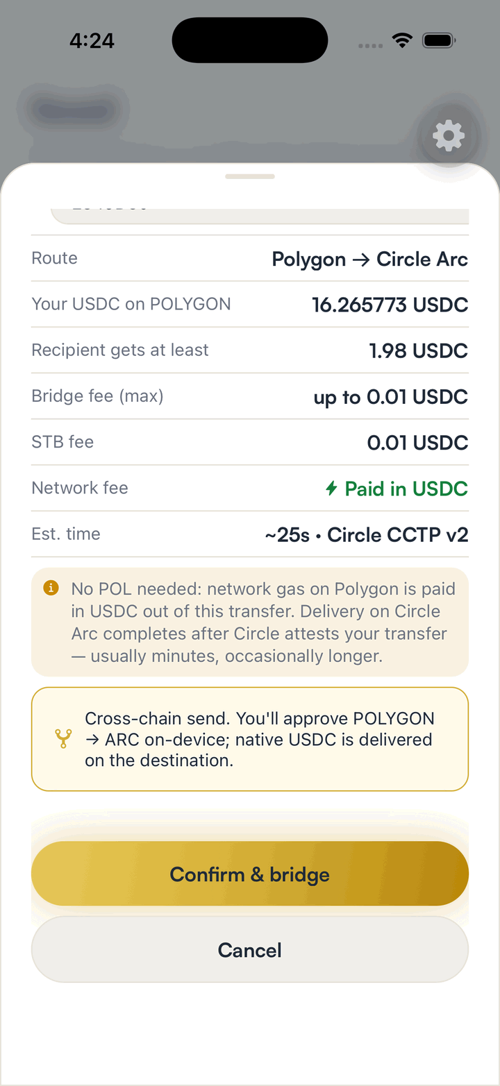 A review screen for a USDC transfer from Polygon to Arc in SpendTheBits