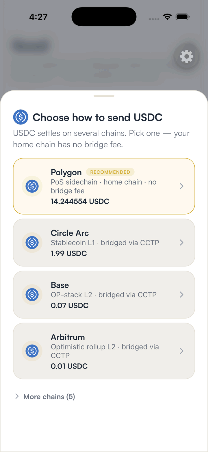 The USDC rail picker in SpendTheBits with Arc as an option
