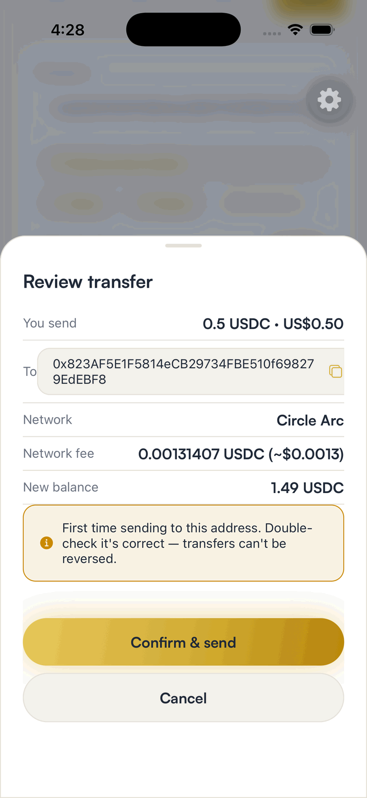 A send review screen in SpendTheBits before signing