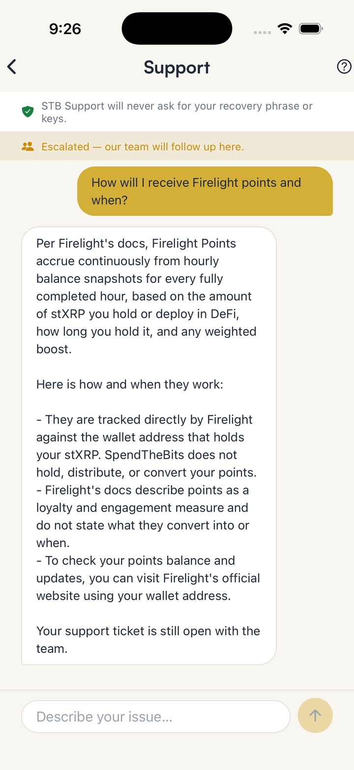 The SpendTheBits support assistant explaining how Firelight Points accrue