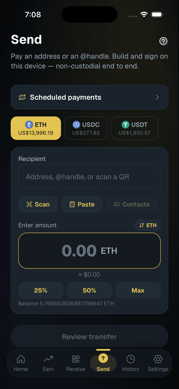 SpendTheBits app, Send screen