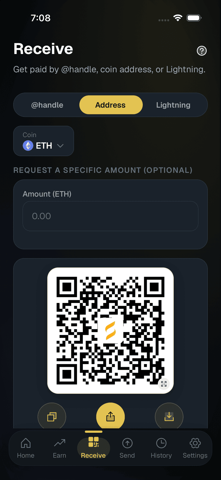 SpendTheBits app, Receive screen