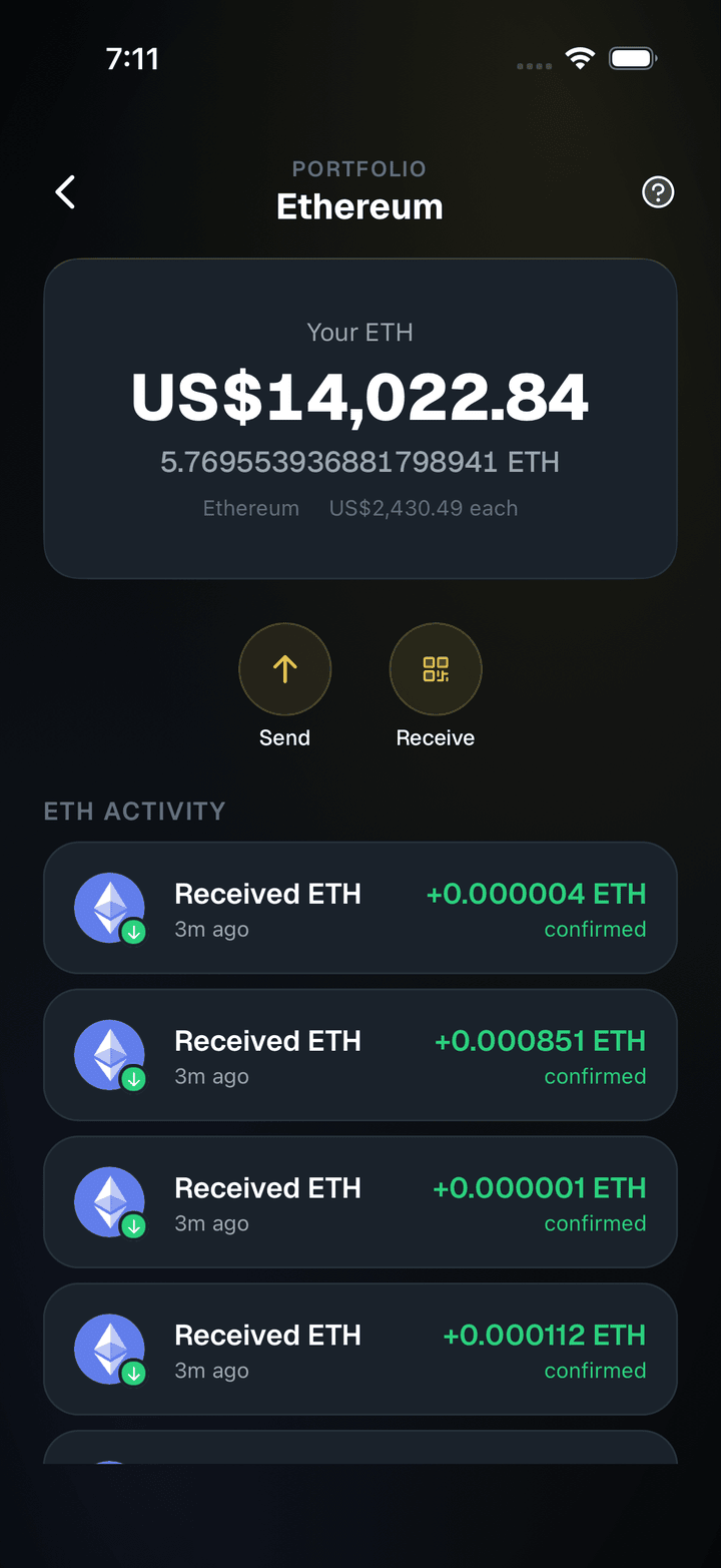 SpendTheBits app, Ethereum screen