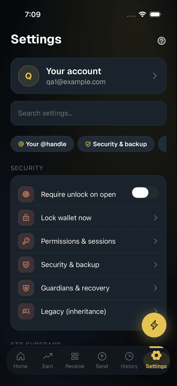 SpendTheBits app, Settings screen
