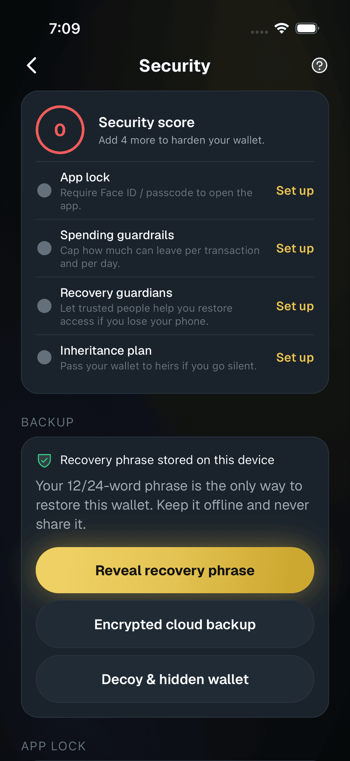 SpendTheBits app, Security screen