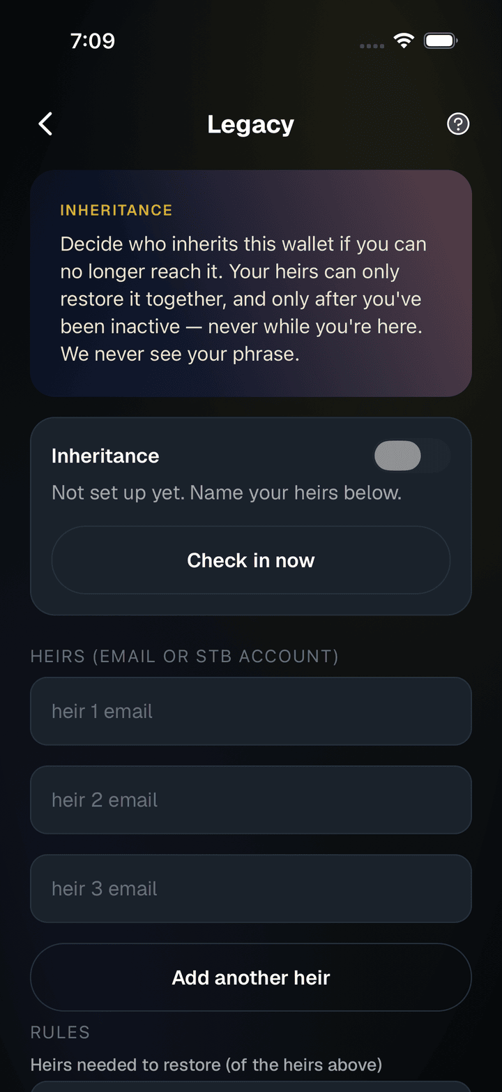 SpendTheBits app, Inheritance screen