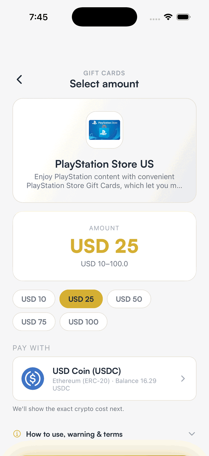 The SpendTheBits amount screen for a PlayStation Store US gift card with USD 25 selected and USD Coin as the payment