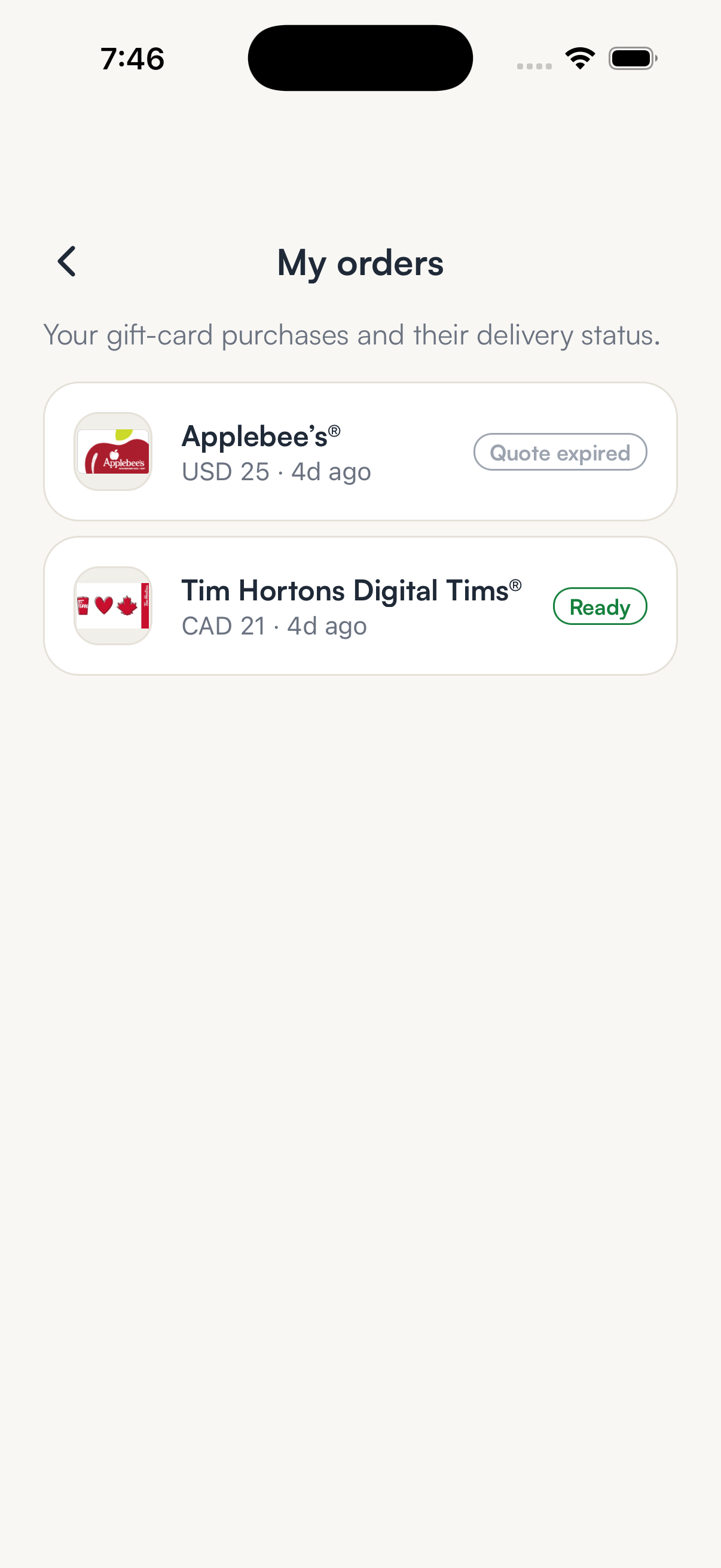 The SpendTheBits gift card orders list with a Tim Hortons card marked Ready