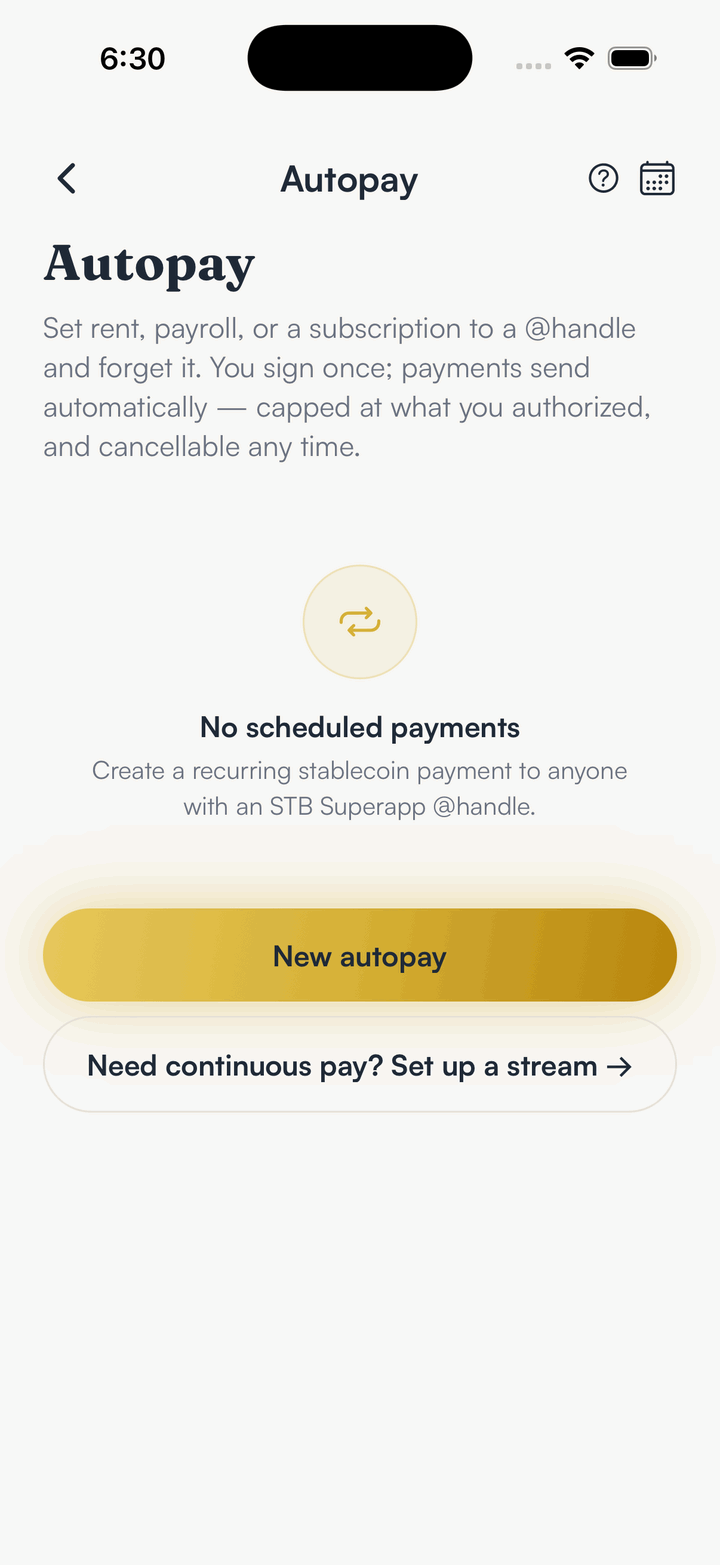 SpendTheBits Autopay screen for recurring payments
