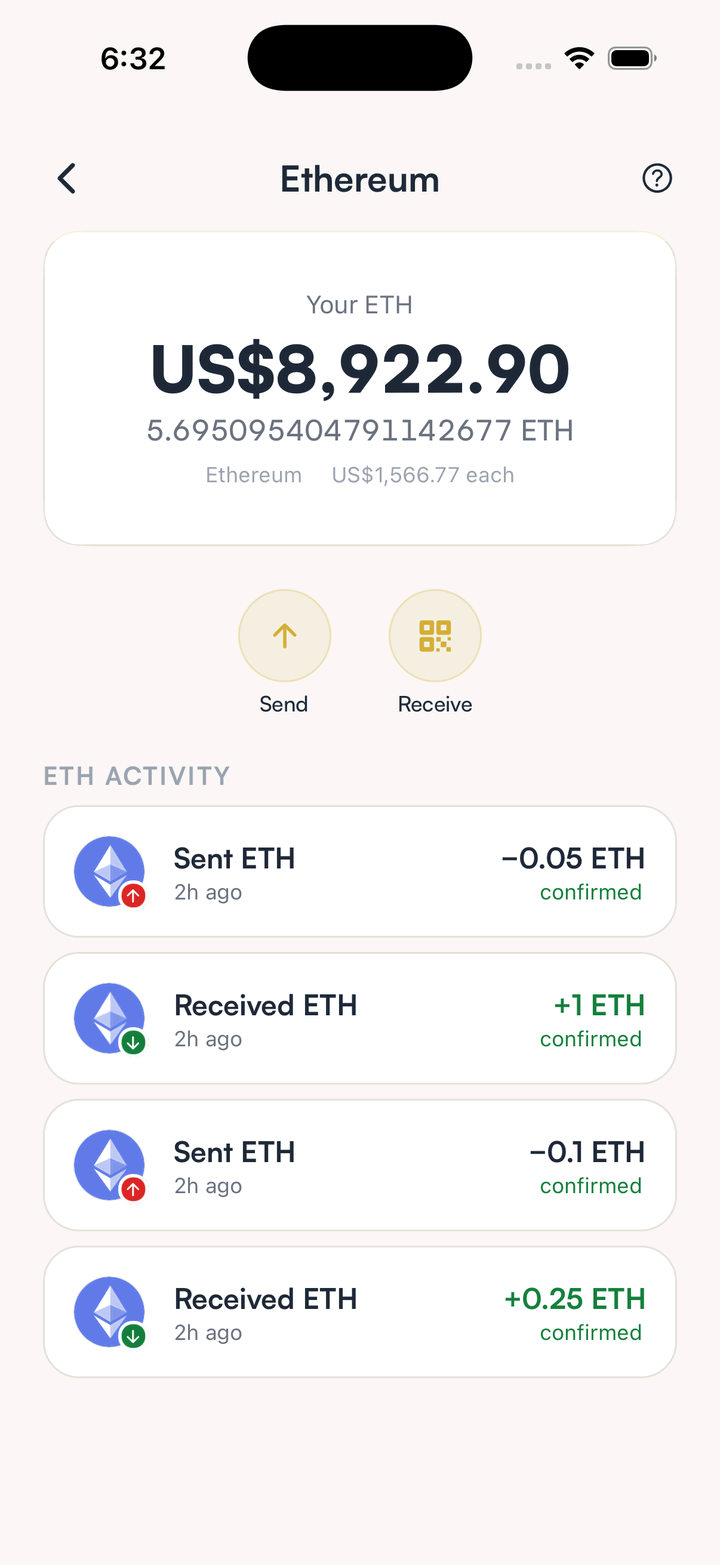 SpendTheBits app, Ethereum screen
