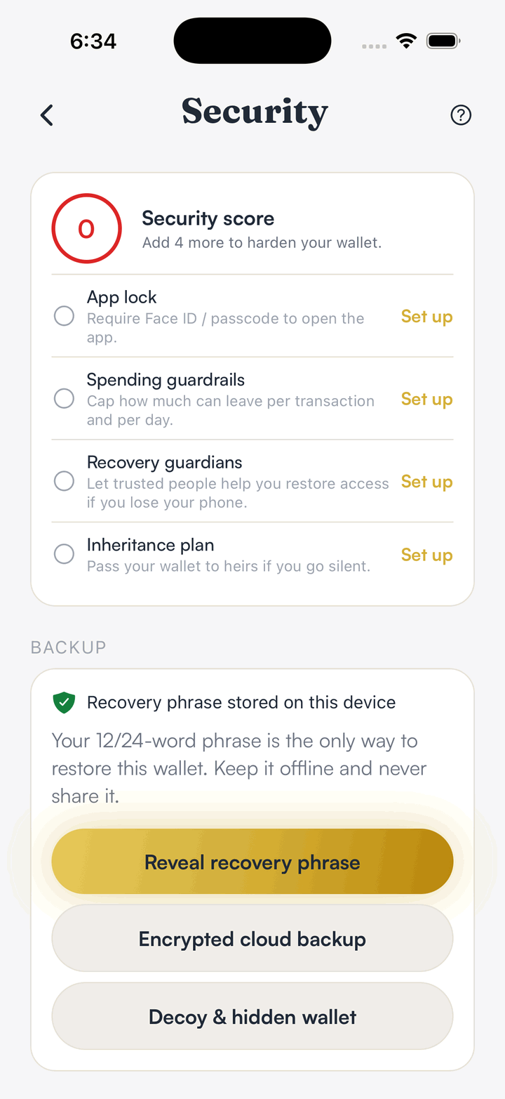 The Security screen in SpendTheBits