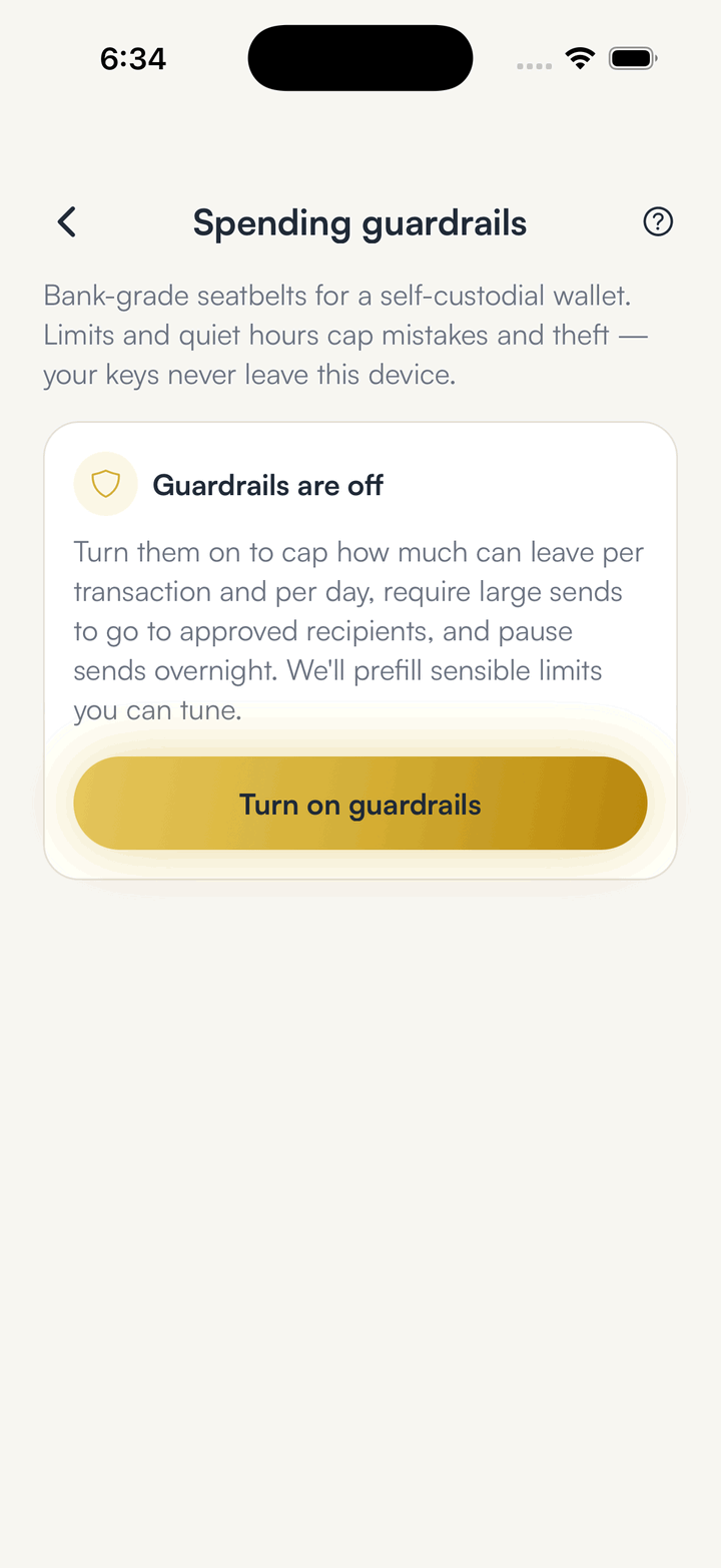 SpendTheBits spending guardrails screen with caps and limits
