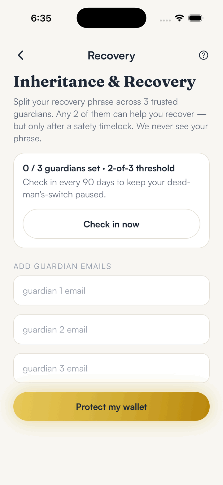 SpendTheBits social recovery screen with guardians