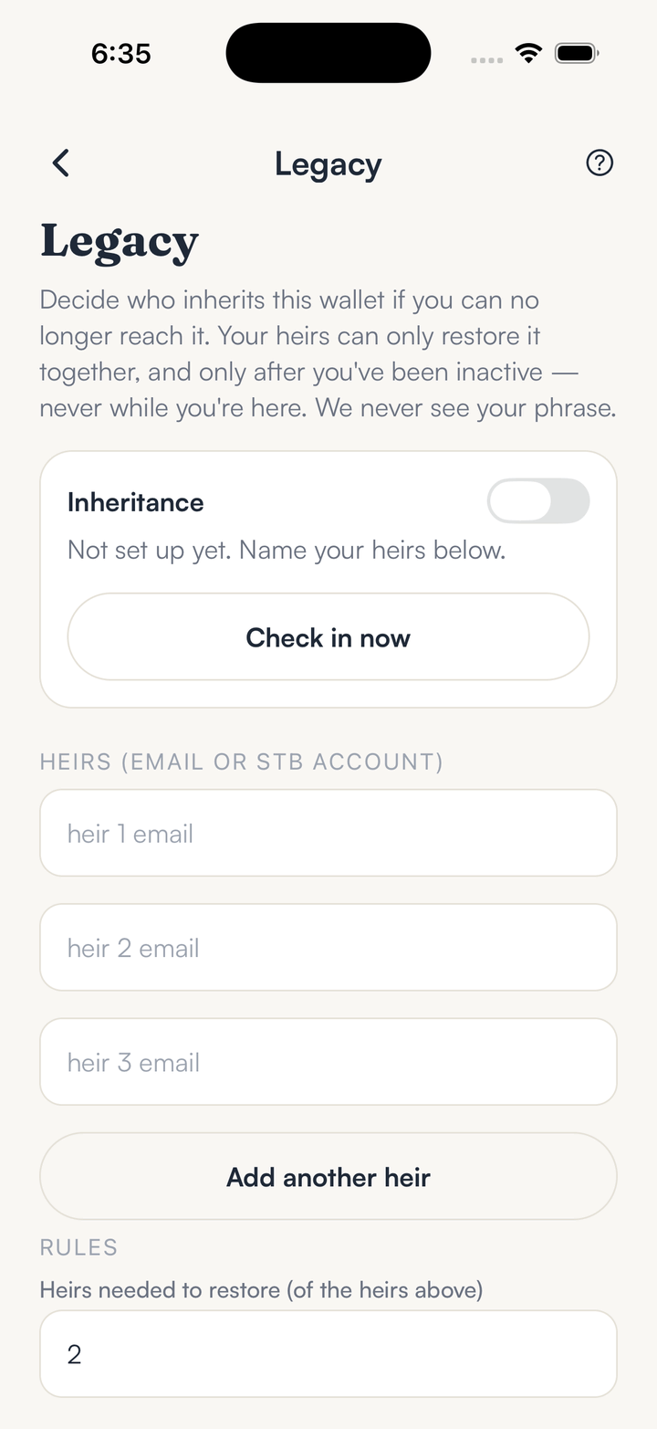SpendTheBits Legacy screen for setting up heirs