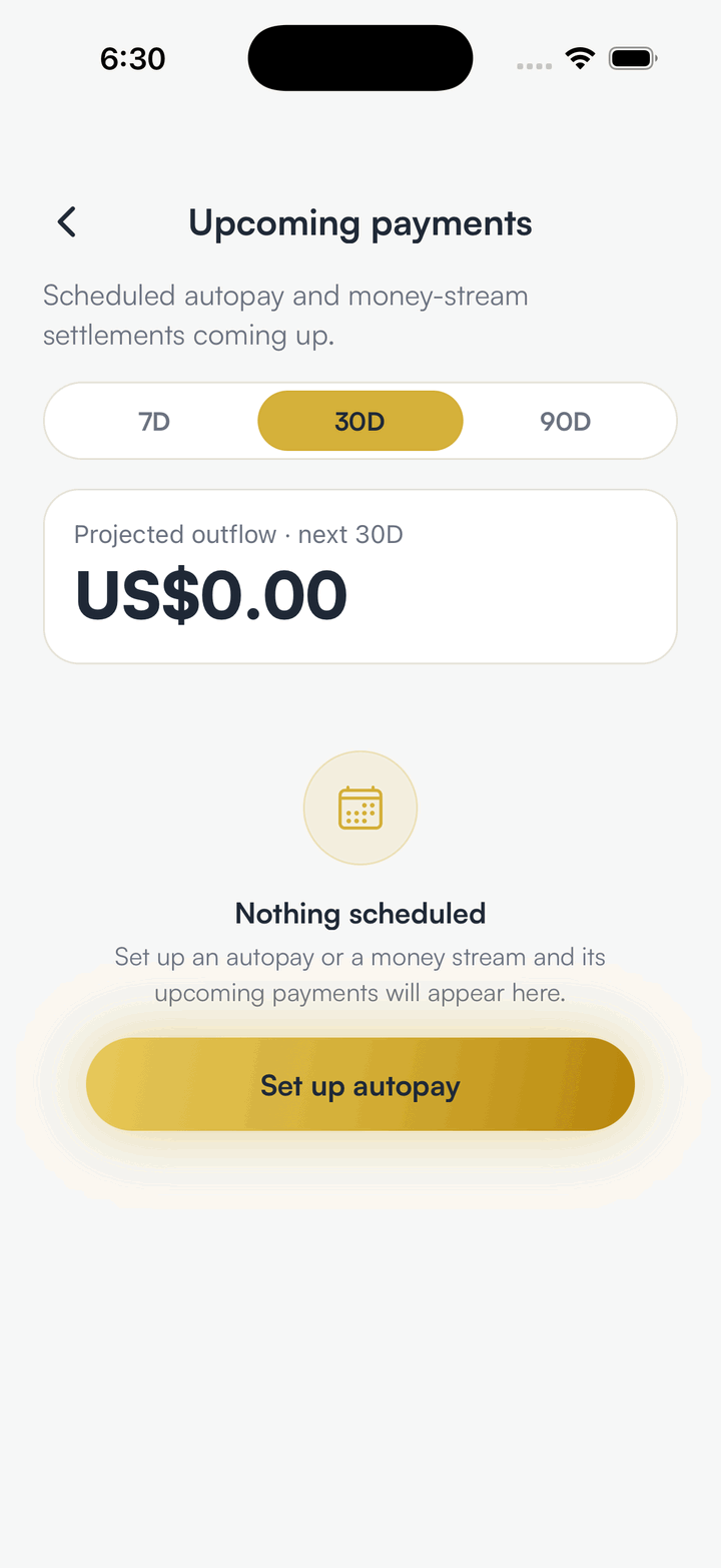 SpendTheBits Upcoming payments screen