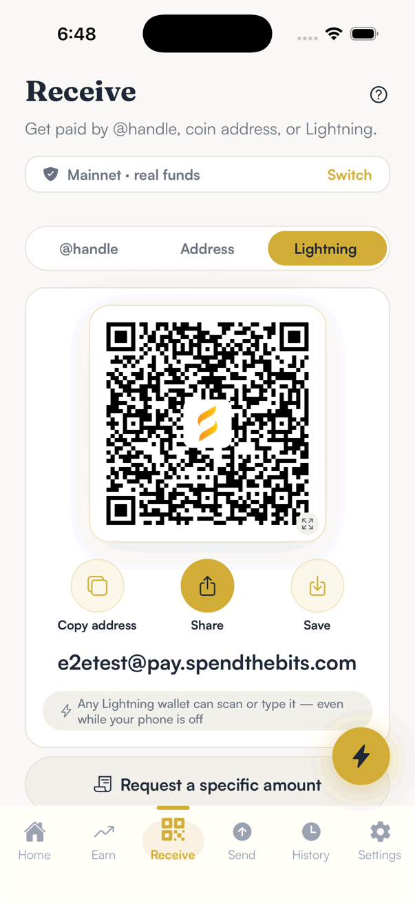 SpendTheBits Lightning Receive Screen