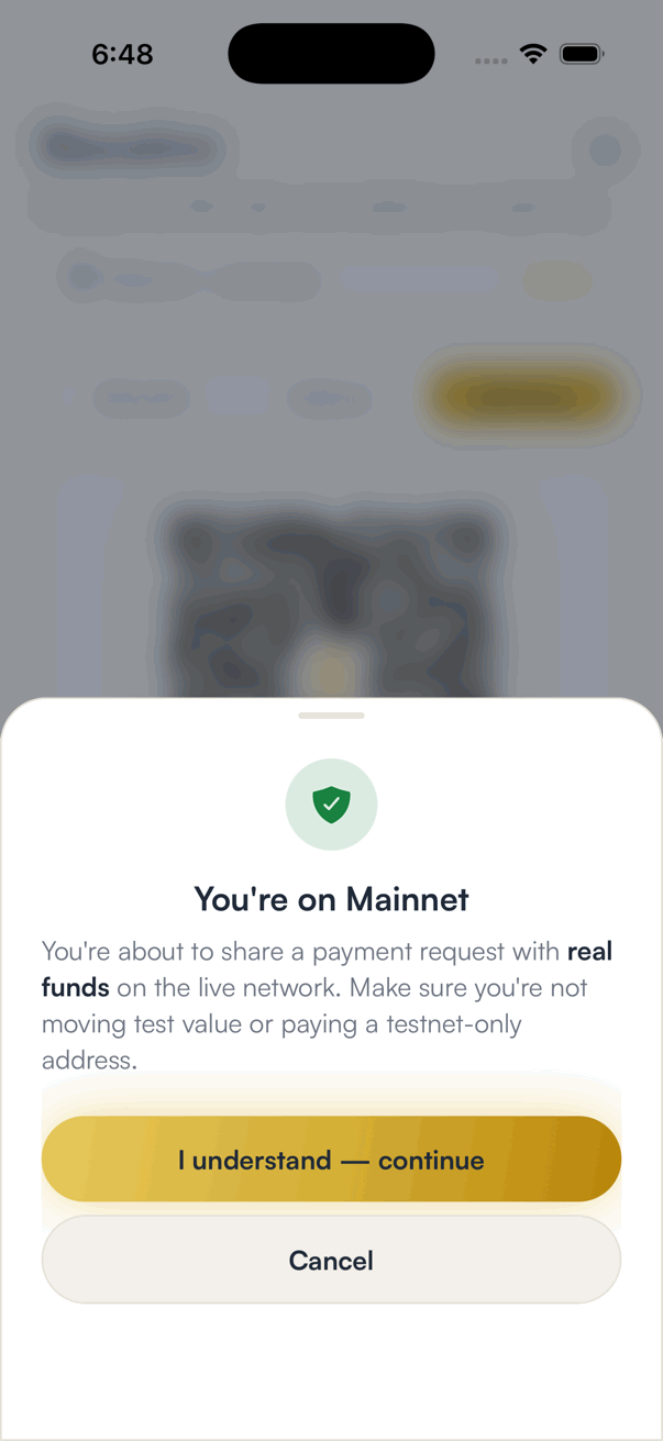A sheet titled You're on Mainnet explaining the payment request uses real funds, with I understand, continue and Cancel buttons
