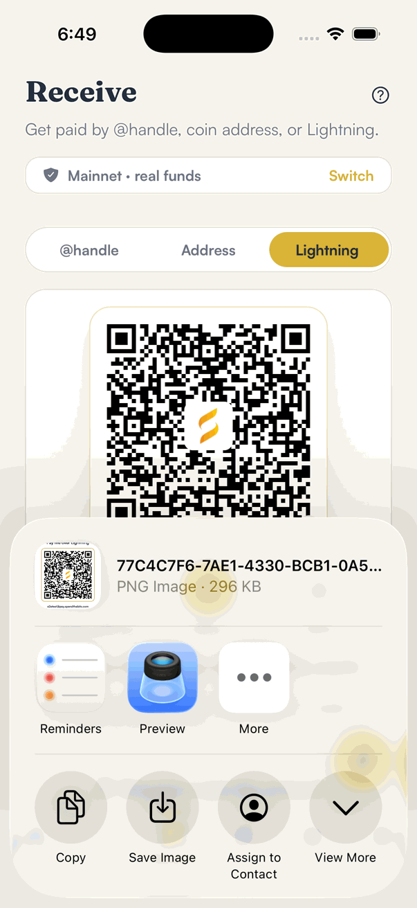 The iPhone share sheet with a PNG image of the Lightning QR code and address, and options including Copy and Save Image