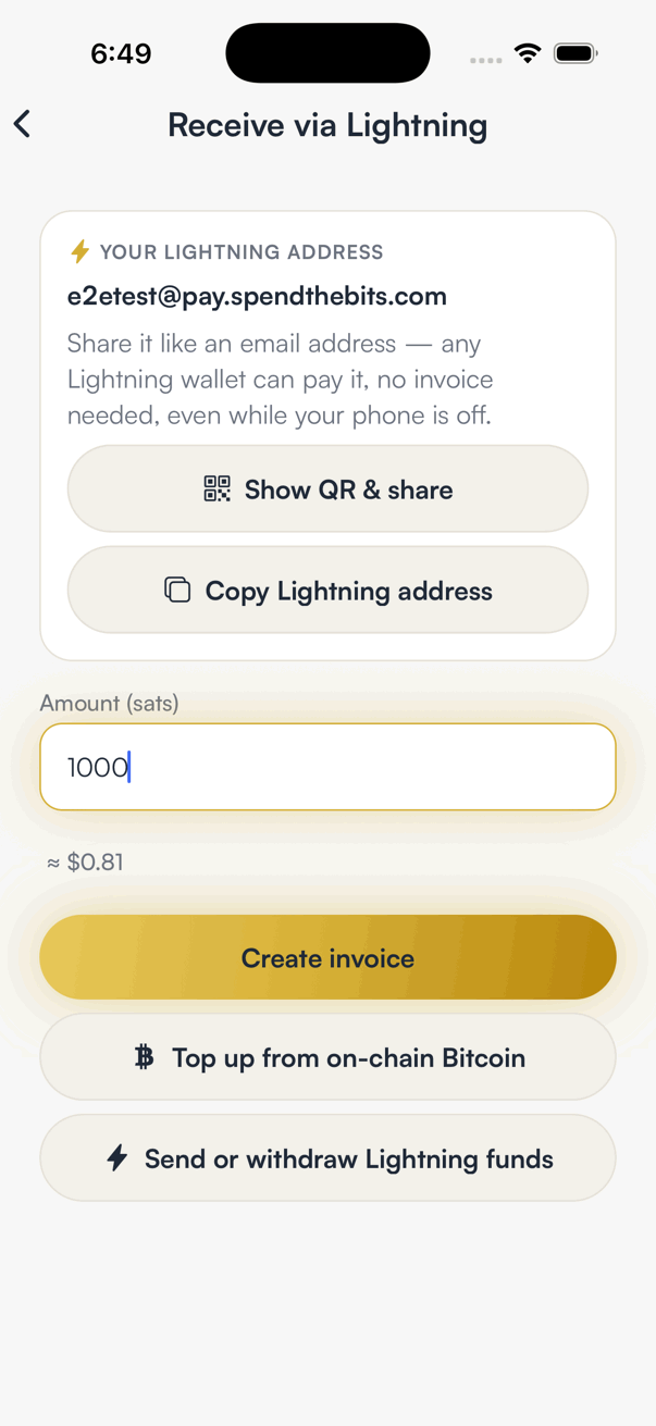 The Lightning request screen in SpendTheBits with an amount entered