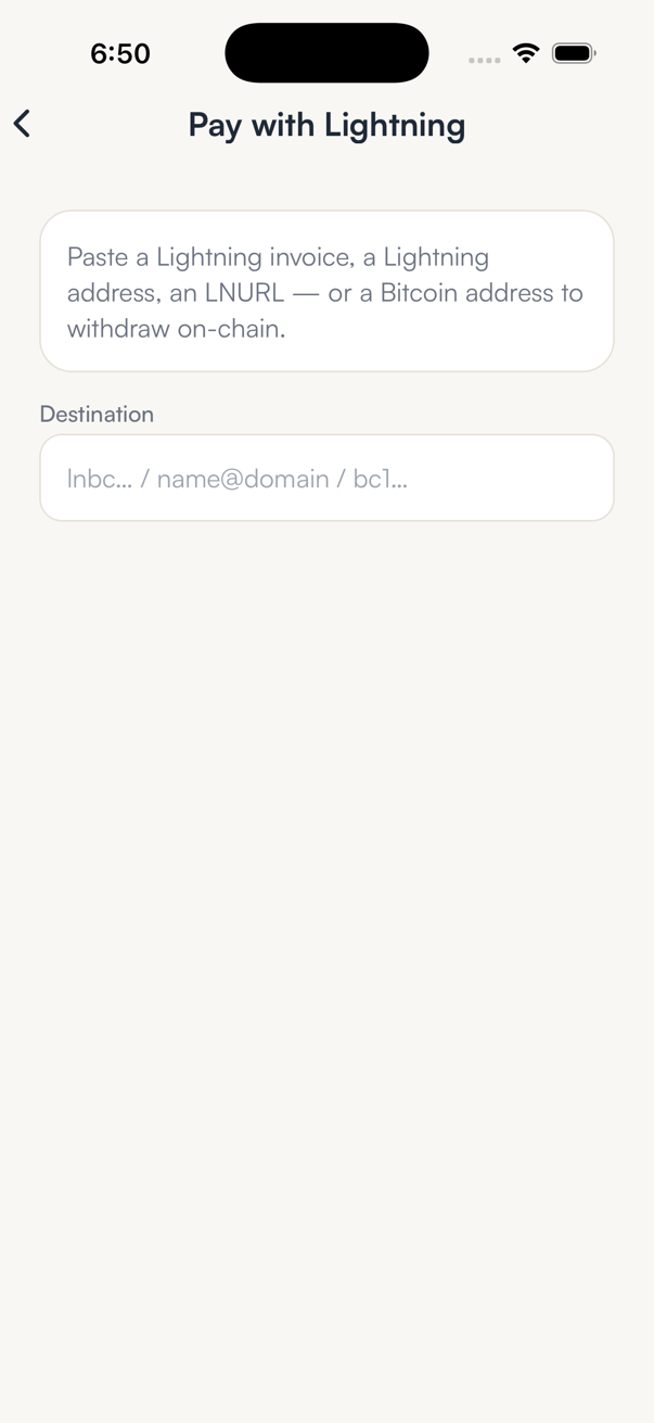 The Pay with Lightning screen in SpendTheBits with a single destination field