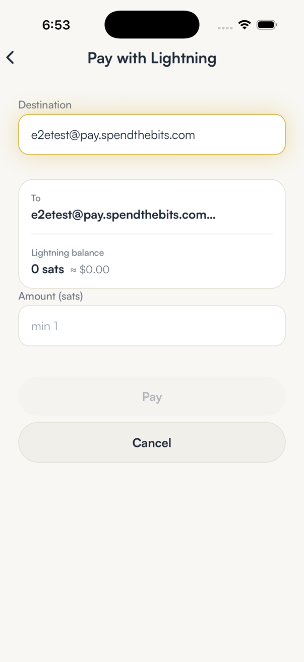 The Destination field filled with a Lightning address, a card showing To and the Lightning balance, an Amount in sats field and Pay and Cancel buttons