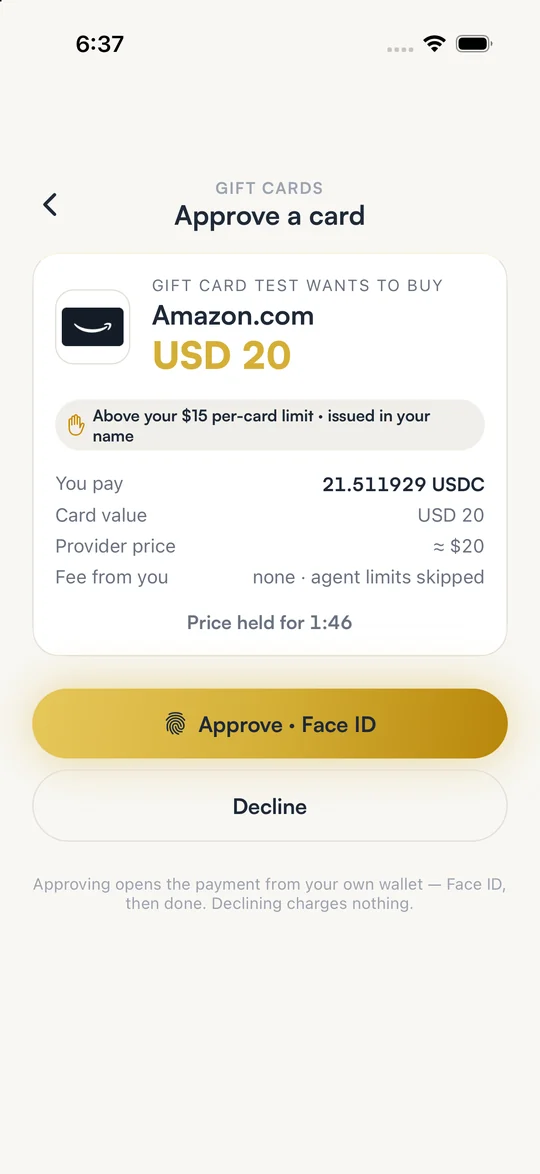 The app’s Approve a card screen: an agent wants to buy a USD 20 Amazon gift card, with Approve with Face ID and Decline buttons
