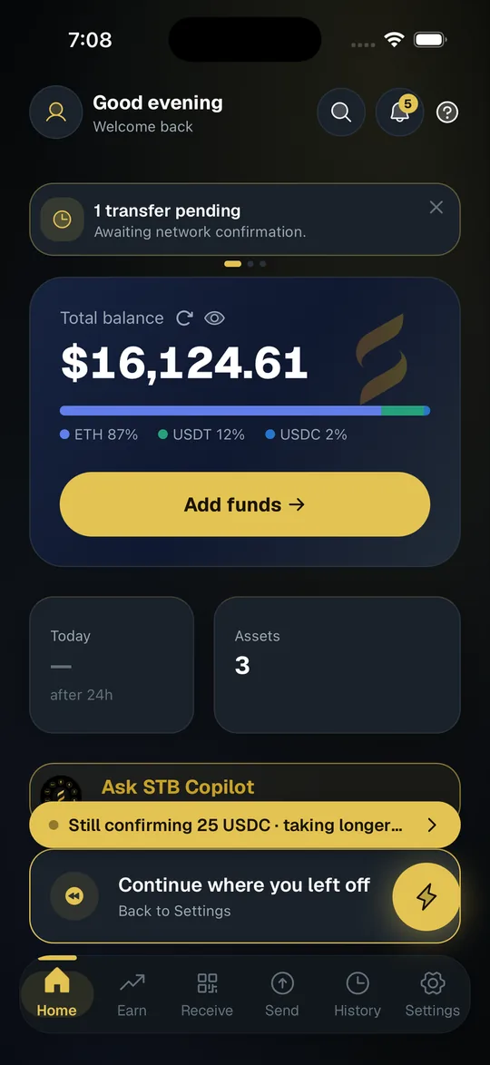SpendTheBits home screen showing multi-chain balances
