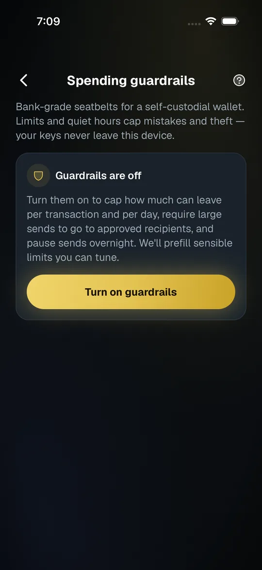 SpendTheBits spending guardrails screen