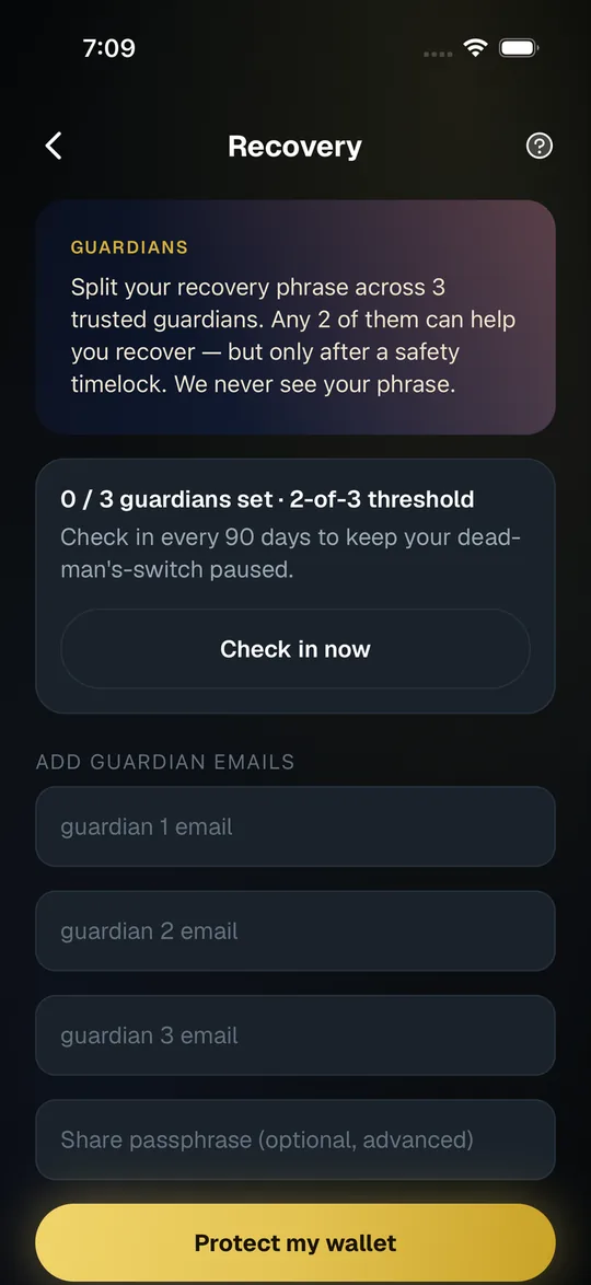 SpendTheBits guardian recovery screen