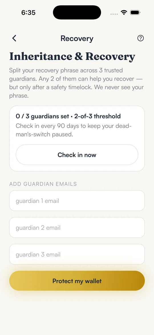 SpendTheBits guardian recovery screen