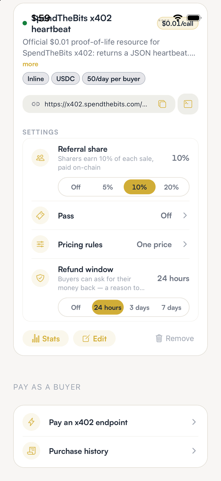 A SpendTheBits resource card with Settings showing Referral share, Pass, Pricing rules and Refund window