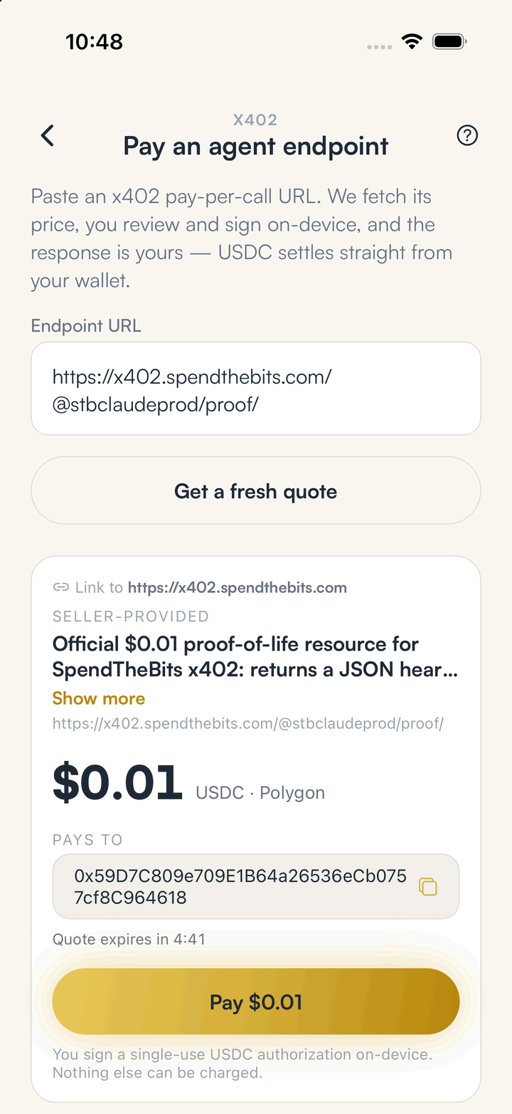 The SpendTheBits Pay an agent endpoint screen showing the price, the address it pays and the Pay button