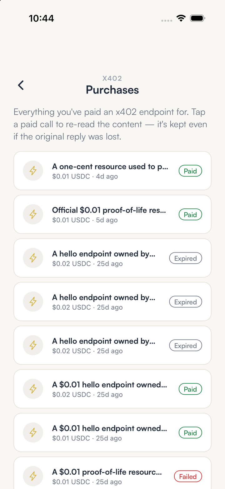 The SpendTheBits Purchases screen listing paid x402 calls with their status