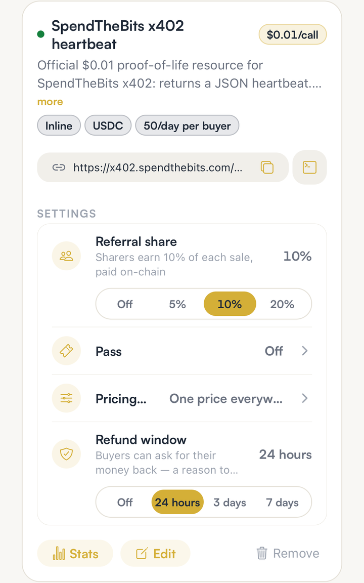 A SpendTheBits resource card with Referral share set to 10 percent, above the Pass, Pricing rules and Refund window settings