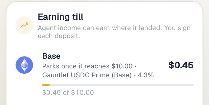 A SpendTheBits Earning till row for Base with a progress bar showing income toward the parking threshold