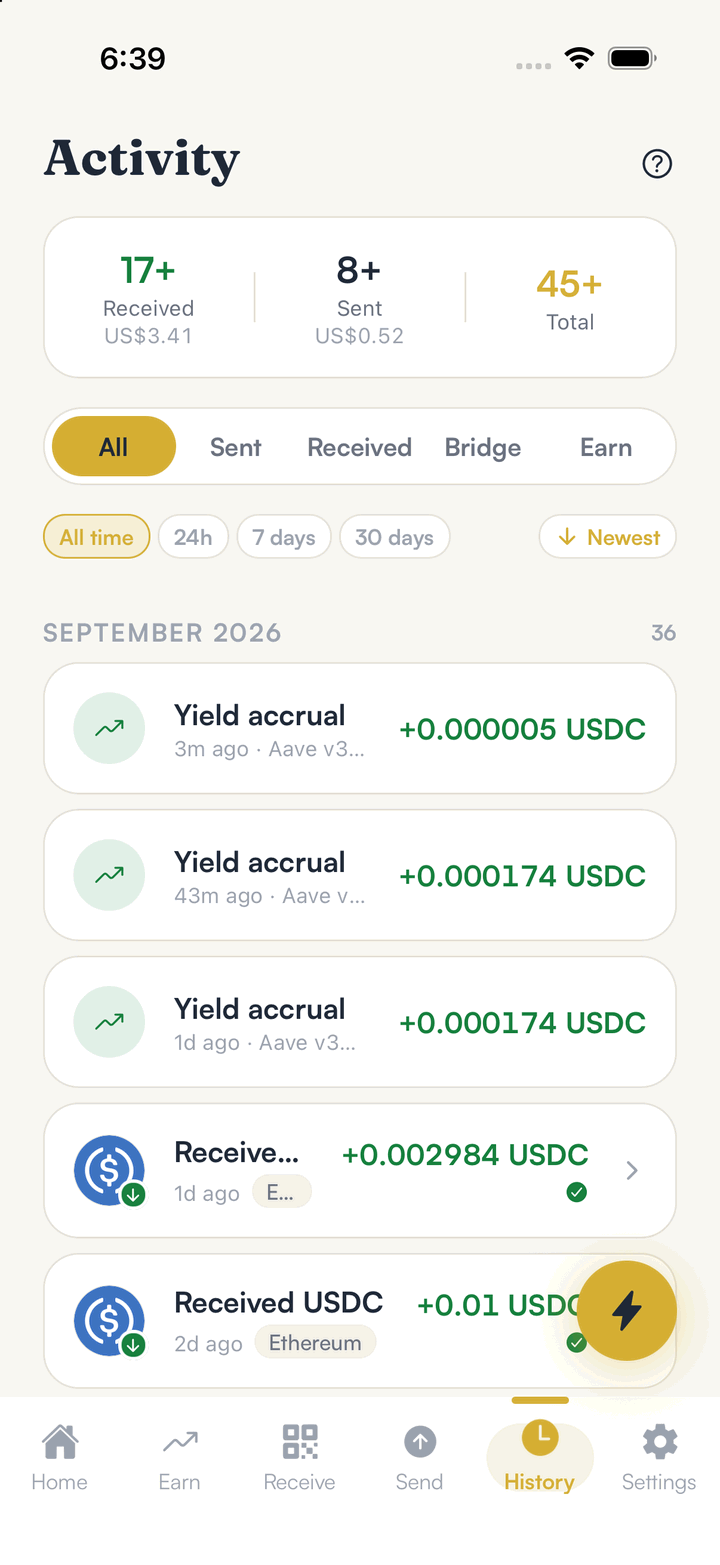 The SpendTheBits Activity screen listing incoming USDC with confirmed status