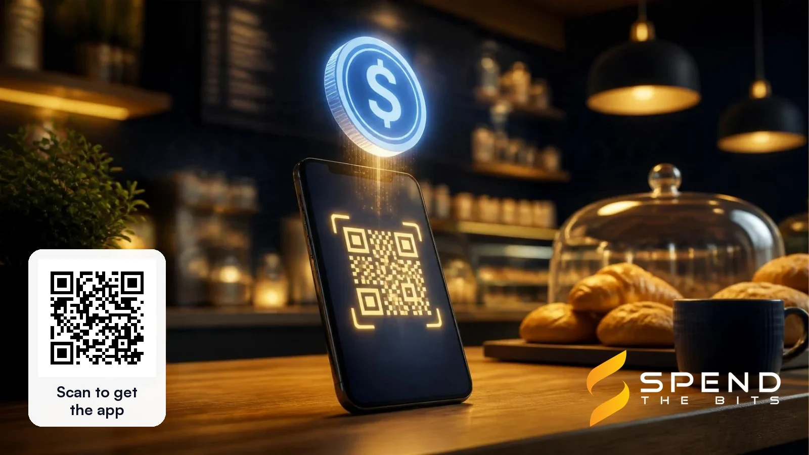 A phone showing a payment QR code on a cafe counter under a glowing dollar coin