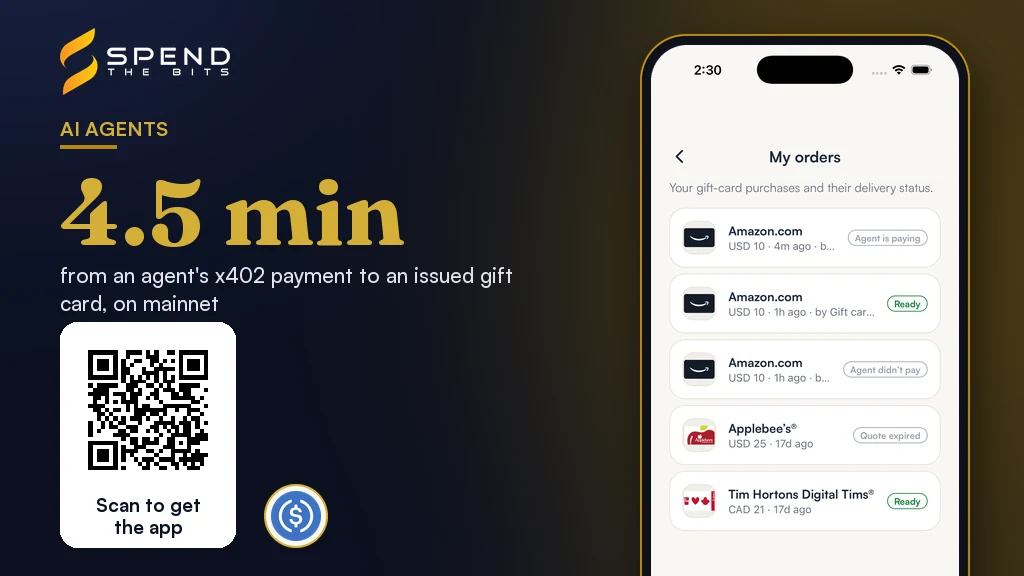 SpendTheBits orders screen listing gift cards bought by an agent, beside the 4.5 minute purchase time.