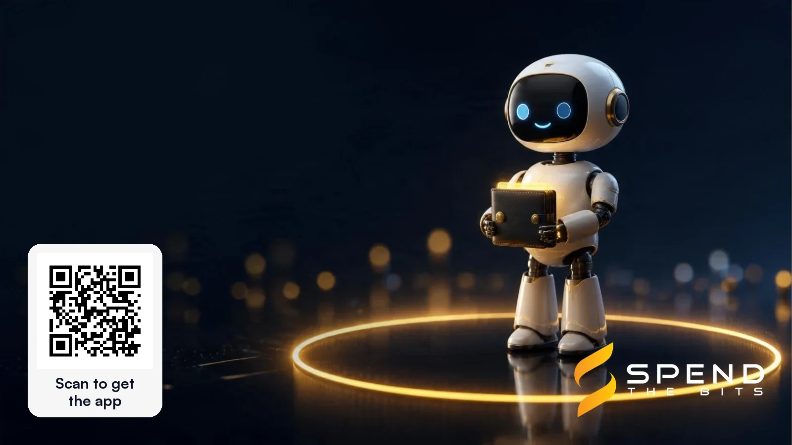 A small robot holding a wallet inside a glowing gold boundary ring