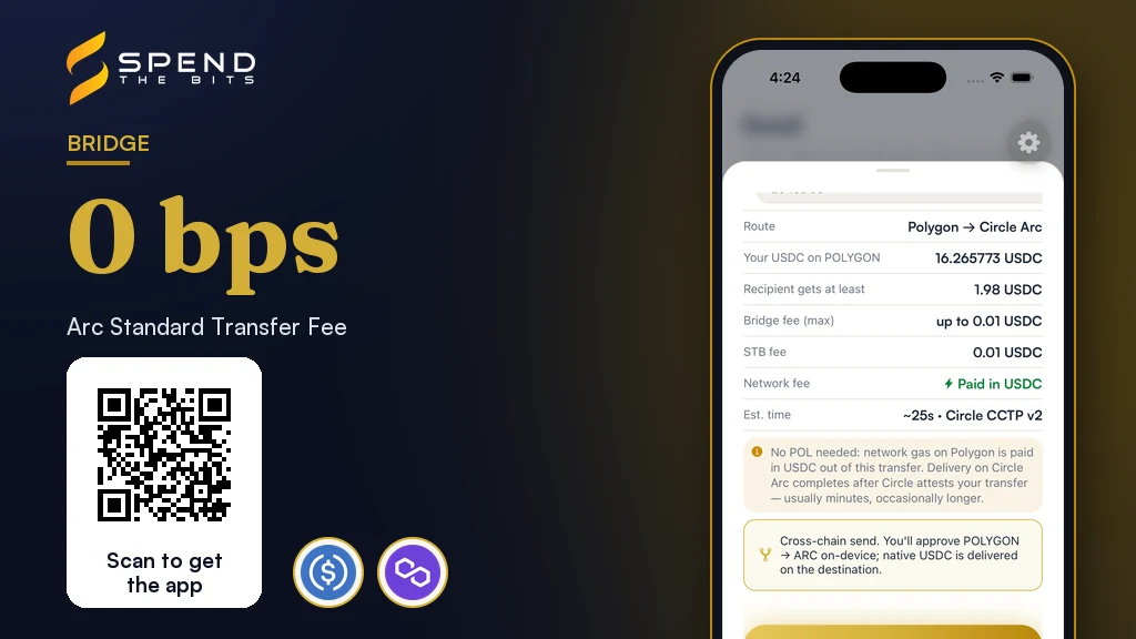 SpendTheBits review screen for bridging USDC from Polygon to Arc, beside the zero basis point standard transfer fee.