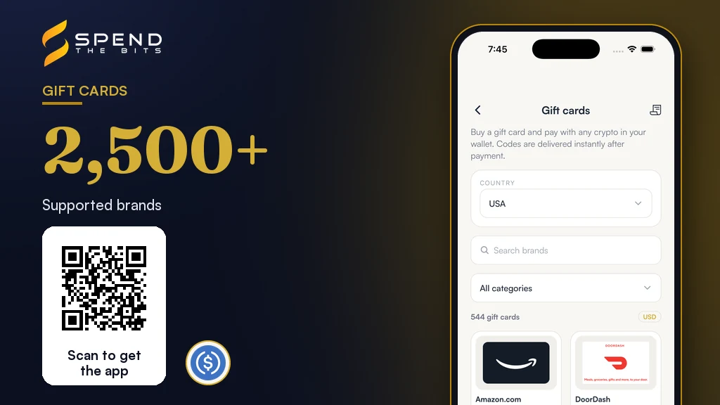 SpendTheBits gift card store for the USA, beside the count of supported brands.