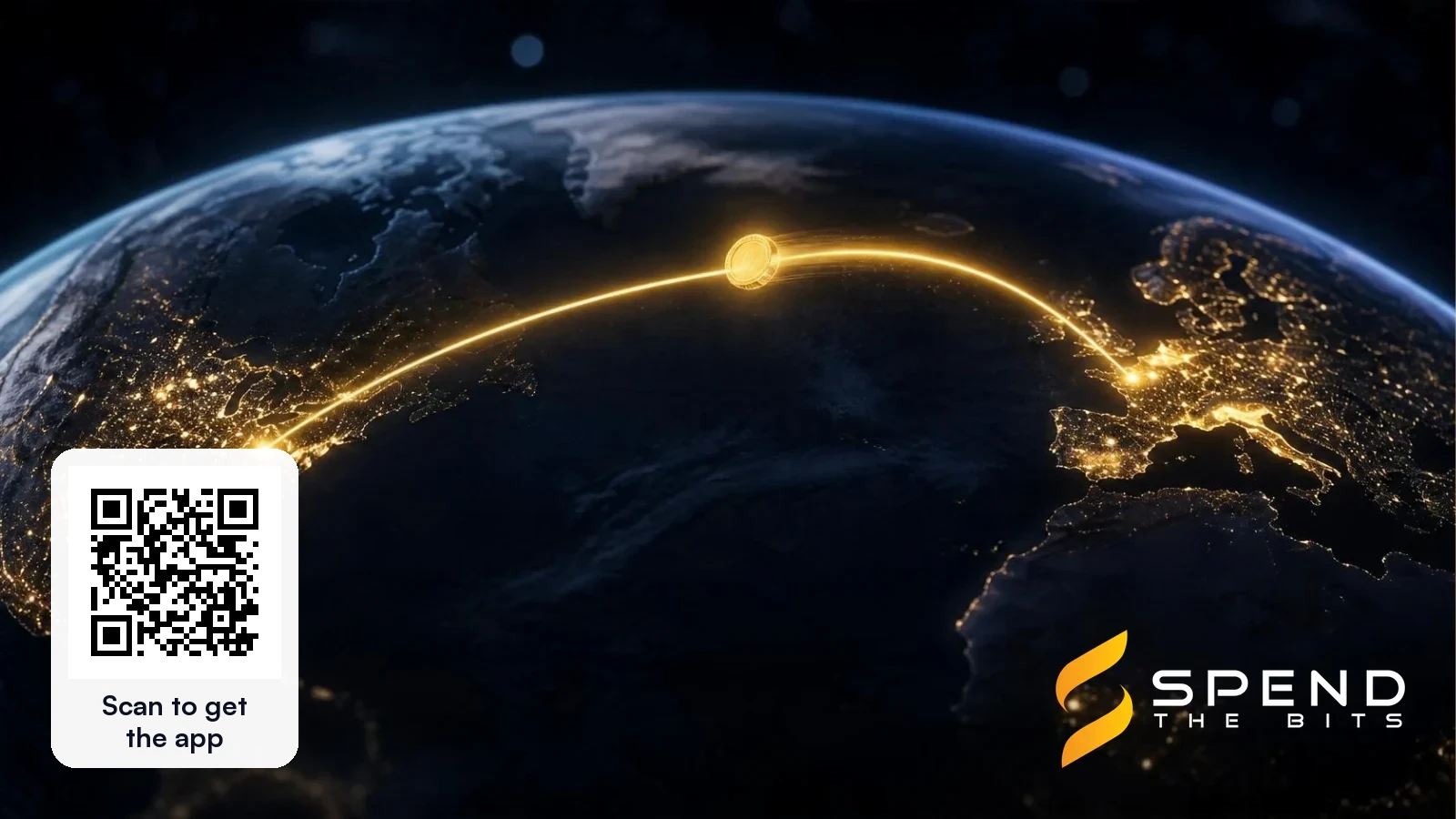 A gold arc of light linking North America and Europe across the globe at night