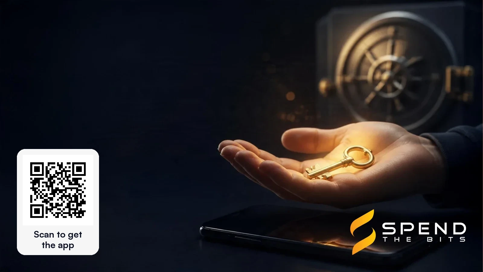 A golden key resting in an open hand beside a bank vault door
