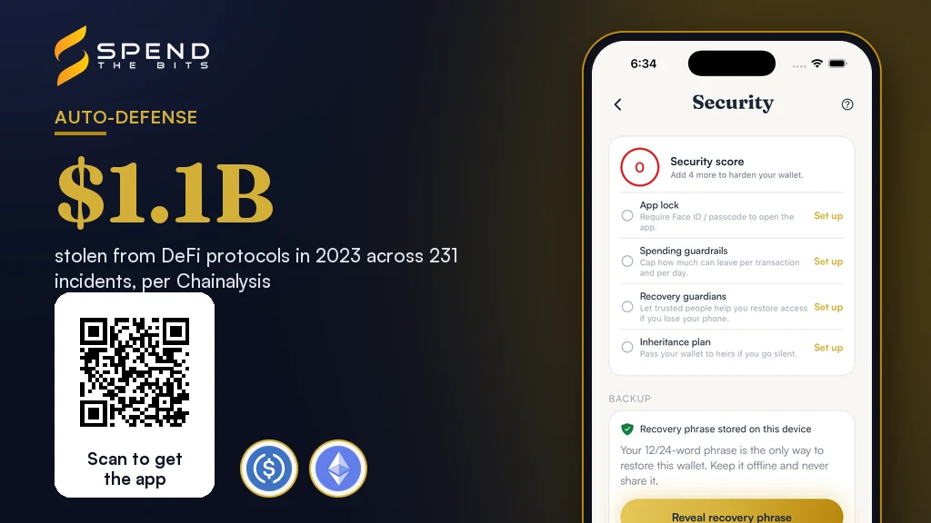 SpendTheBits security screen, beside the dollar value stolen from DeFi protocols in 2023.