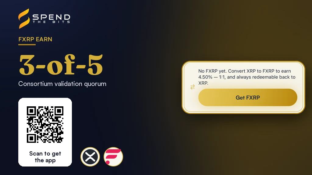 The Get FXRP card from the SpendTheBits Earn screen, which converts XRP to FXRP one to one, beside the 3-of-5 consortium validation quorum.