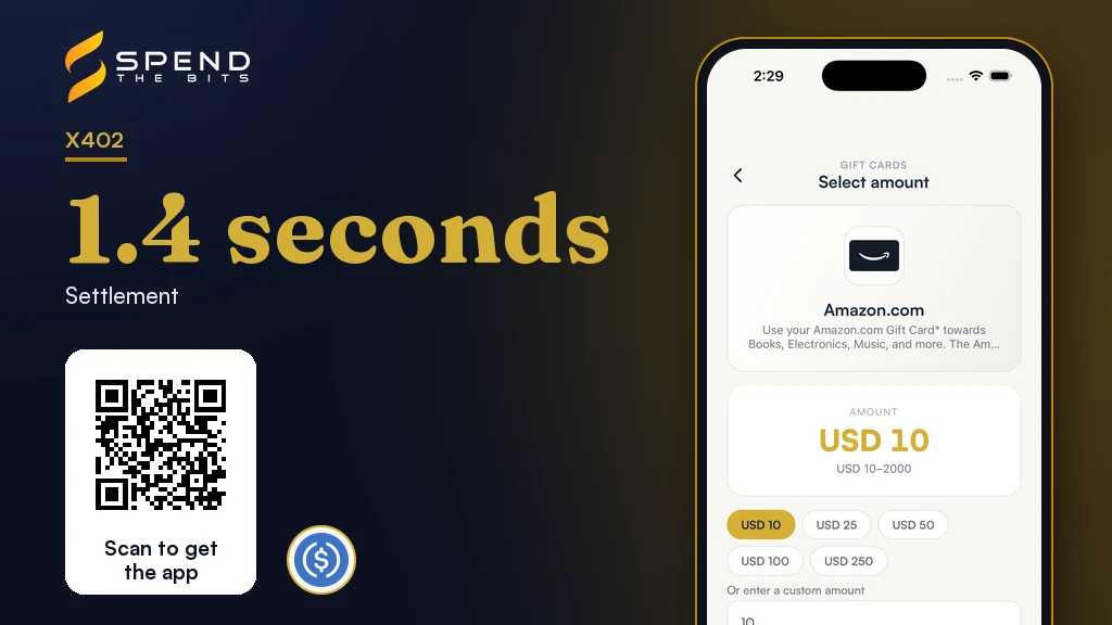 SpendTheBits gift card amount screen for a payment authorised by signature, beside the 1.4 second settlement time.