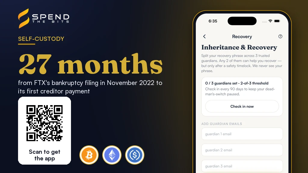 SpendTheBits recovery screen for a wallet that holds its own keys, beside the 27 months FTX creditors waited.