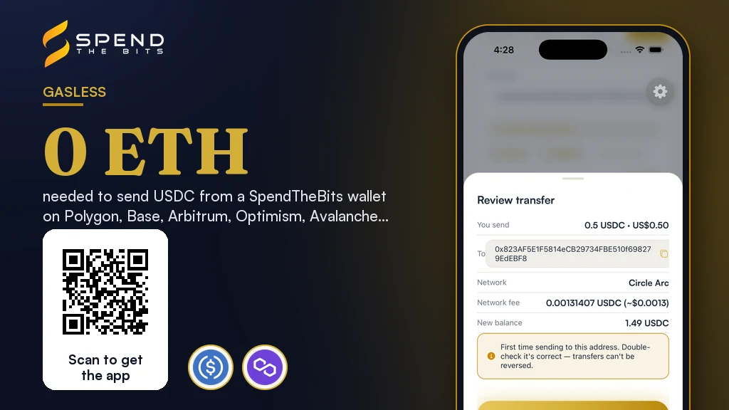 SpendTheBits review screen for a USDC send whose network fee is paid in USDC, beside the zero ETH needed to send USDC.