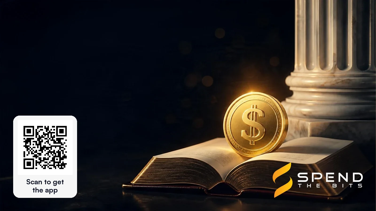 A gold dollar coin standing on an open law book beside a marble column