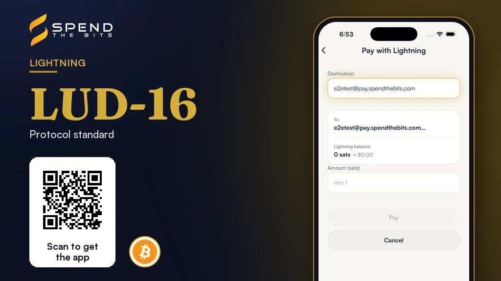 SpendTheBits Pay with Lightning screen with a Lightning address typed in, beside the LUD-16 standard.